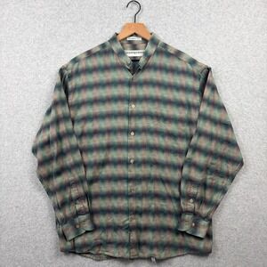Jhane Barnes Shirt Mens‎ Medium Green Ombre Plaid Band Collar Button Up Japan